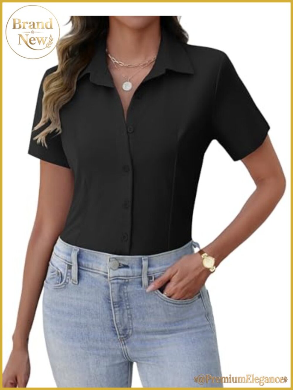 Women's Short Sleeve Button Down Blouse Polyester Work Top